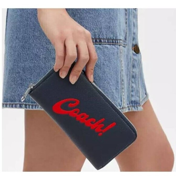 Coach Logo Women's Wallet Long Zip Around Pebble Leather Navy Authentic $298 - Picture 7 of 7